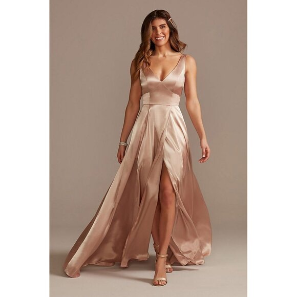Galina Signature David’s Bridal Charmeuse Tank VNeck Gown Dress Slit Sand 2 $200 - Picture 2 of 14